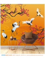 ผลิต wallpaper แต่งผนัง ห้องนั่งเล่นแบบจีนๆ ด้วยภาพลายฝูงนกกระเรียนพื้นหลังสีส้ม เฟอร์นิเจอร์น้อยชิ้น สวยโดดเด่น สะดุดตา