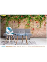 ภาพพิมพ์วอลเปเปอร์ ตกแต่งบ้าน ลายดอกกุหลาบบนกำแพงอิฐ สวยงาม สดชื่น