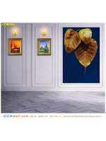 วอลเปเปอร์ผ้าแคนวาส จัดบ้านให้สวยและมีความเป็นไทย ด้วยภาพลายใบโพธิ์ทองพื้นหลังสีน้ำเงินเรียบ พร้อมภาพกรอบรูปภาพวิววัด