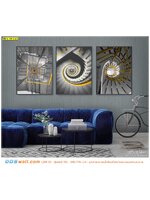 ภาพศิลปะ ผ้าCanvas ใส่กรอบ ทำรูปติดผนัง มุมสูงของบันไดด้วยสีเหลืองตัดเทาเพิ่มความเเพงของห้อง ให้ความรู้สึกเเข็งเเรงเเละห้องดูลึกมีมิติ