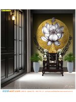 วอลเปเปอร์ติดบ้านชิ้นใหญ่ ฉากหลังห้องพระ ลายไทยดอกบัววงกลมสีทองพื้นหลังสีเหลือง เรียบหรู