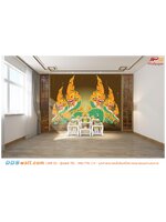 Wallpaper สั่งตัด ตกแต่งผนังห้องพระ ห้องสวดมนต์ ลายพญานาค3คู่พื้นหลังน้ำตาล สีสวยสบายตา