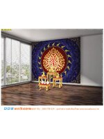 สั่งทําวอลเปเปอร์ติดผนัง ลายไทยตกแต่งห้องพระ ราคาถูก ลายต้นโพธิ์ทองเลขเก้าไทยพื้นสีแดงน้ำเงิน สวยสง่า มีราศี