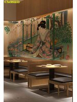 วอลเปเปอร์พิมพ์ลายศิลปะดั้งเดิมโทนอุ่น เน้นรายละเอียดหญิงสาวและบ่อปลา เหมาะตกแต่งร้านอาหารญี่ปุ่น