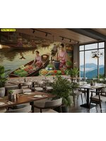 วอลเปเปอร์สั่งผลิต ภาพตลาดน้ำในร่ม ออกแบบ สร้างบรรยากาศไทยผสมผสานวิวภูเขา จำหน่าย พร้อม บริการติดตั้ง