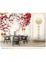 ภาพพิมพ์วอลเปเปอร์ ตกแต่งห้องรับเเขก ภาพอักษรจีนมงคลสีทองพื้นหลังสีขาวกับดอกไม้สีแดง ช่วยทำให้ดูสว่างเเละกว้างขึ้นได้