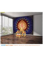 วอลเปเปอร์ฉากหลังห้องพระสวยๆ ลายต้นโพธิ์สีทอง ล้อมด้วยเลขเก้าไทย พื้นหลังลายไทยสีน้ำเงิน สุภาพ สวยงามลงตัว