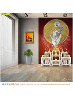 วอลเปเปอร์ติดบ้านชิ้นใหญ่ WALLPAPER สั่งตัด ลายมือถือดอกบัวในวงพระจันทร์พื้นหลังสีแดง ตกแต่งห้องพระ สวยงาม มีเอกลักษณ์