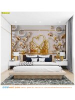 วอลเปเปอร์ติดผนังภาพวิว ไม่แพง เสริมฮวงจุ้ยคู่รัก ตกแต่งห้องนอน ลายหงส์คู่สีทองและดอกไม้กลีบขาว เติมความรักให้หอมหวาน