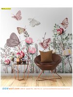 ปริ้นวอลเปเปอร์ แต่งผนัง ห้องนั่งเล่นสวยๆ ลายดอกไม้สีชมพูและผีเสื้อ ที่ดูมีเสน่ห์ ไม่ซ้ำใคร