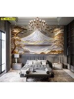 วอลเปเปอร์ภูเขาและต้นไม้โทนทองขาว เติมความหรูสงบให้ผนังห้องนอนและช่วยขับบรรยากาศอบอุ่น