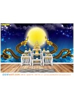 ภาพพื้นหลังแต่งห้องขนาดใหญ่ wallpaper ห้องพระ ลายพญานาคคู่สีดำกับพระจันทร์สีทองพื้นน้ำเงิน โทนสีสบายตาสวยๆ