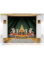 wallpaper สำหรับห้องสวดมนต์ ลายพระแม่ธรณีพื้นหลังลายไทยสีเขียว สบายตา