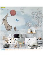 วอลเปเปอร์ติดผนังภาพวิว ตกแต่งห้องเด็กเล่น ลายแมวเหมียวและลูกโปร่ง พื้นฟ้า มีหมอนอิง สร้างบรรยากาศให้น่าพักผ่อน