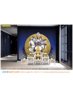 เทคนิค การจัดห้องพระ แบบห้องพระพื้นหลังทูโทนสีน้ำเงิน ตกแต่งภาพวาดลายไทยดอกบัวพื้นหลังวงกลมสีทอง ให้บรรยากาศสงบ เรียบง่าย