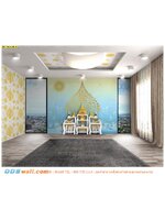 วอลเปเปอร์ตกแต่งห้องพระ ลายต้นโพธิ์ทอง พื้นหลังสีฟ้า สร้างบรรยากาศอบอุ่น