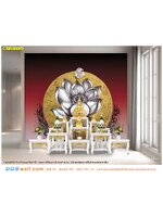 วอลเปเปอร์ติดผนัง สั่งพิมพ์ ตกแต่งห้องพระสีแดง ด้วยภาพลายไทยดอกบัวพื้นหลังวงกลมสีทอง สืบสานศิลปะไทย