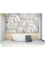 พิมพ์วอลเปเปอร์ ไม่แพง ออกเเบบห้องน้ำสไตล์หรูหราโดยกราฟฟิก3มิติ สีเทาสลับทองทรงนูนโทนสีขาว ดูละมุนเเละมีมิติ