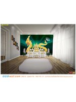 วอลเปเปอร์ลายไทยสวยๆ รูปแต่งห้องพระ ลายพญานาคสีทอง พื้นหลังสีเขียวกราฟฟิกอมดำ ใต้ดวงจันทร์ โดดเด่นสวยงาม