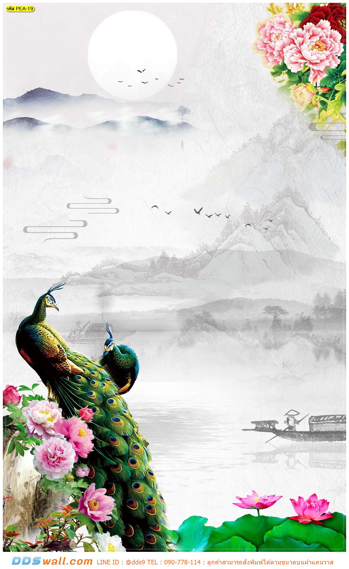 วอลเปเปอร์ติดผนังภาพวิว หมึกกันน้ำ ภาพวาดนกยูงเเละทิวทัศน์ของพื้นหลังสไตล์จีนโบราณ ตกเเต่งห้องทานข้าว เหมาะกับเฟอนิเจอร์ไม้สีเข้ม