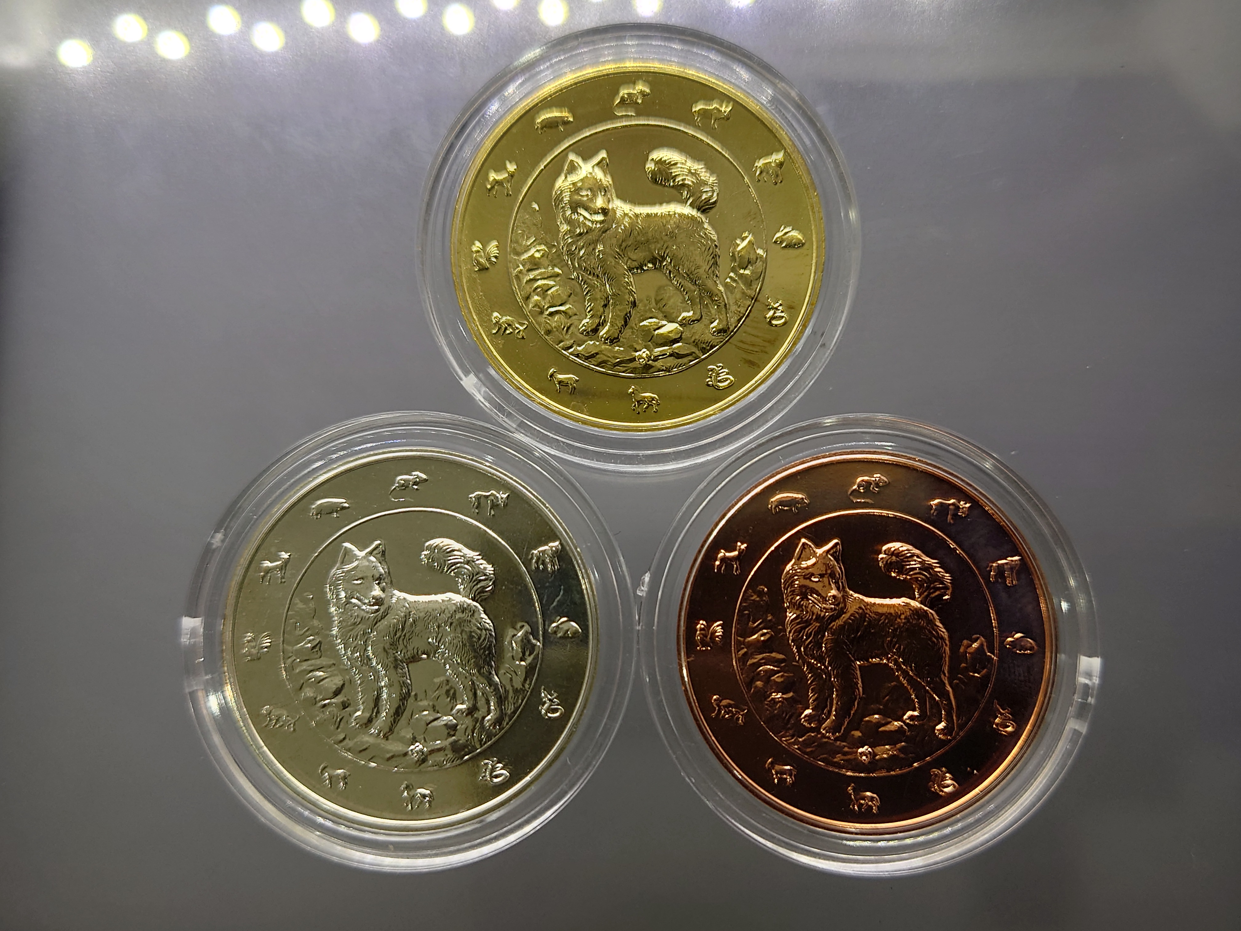 เหรียญนักษัตร ปีจอ พ.ศ.2561 (ชุด 3 เหรียญ เนื้อชุบกาหลั่ยทอง กาหลั่ยเงิน กาหลั่ยนาก)กรมธนารักษ์สร้าง ไม่ผ่านใช้