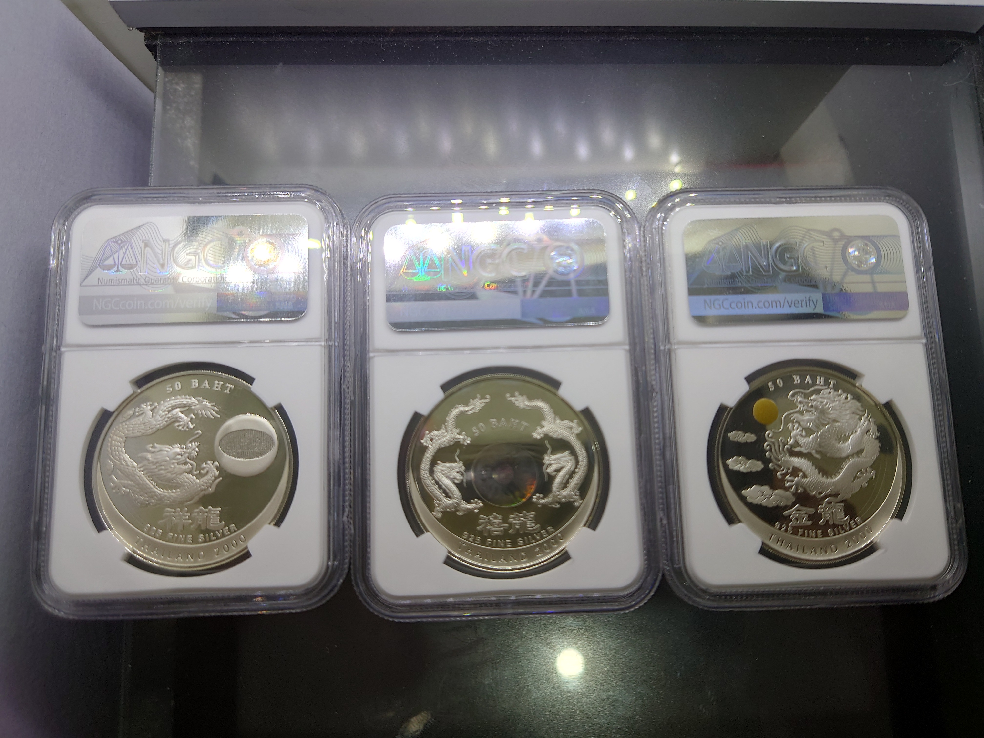 เหรียญเกรด PF 68-69-70 ULTRA CAMEO NGC เหรียญเงินขัดเงา 50 บาท ครบชุด 3 เหรียญ ปีมังกร ค.ศ.2000