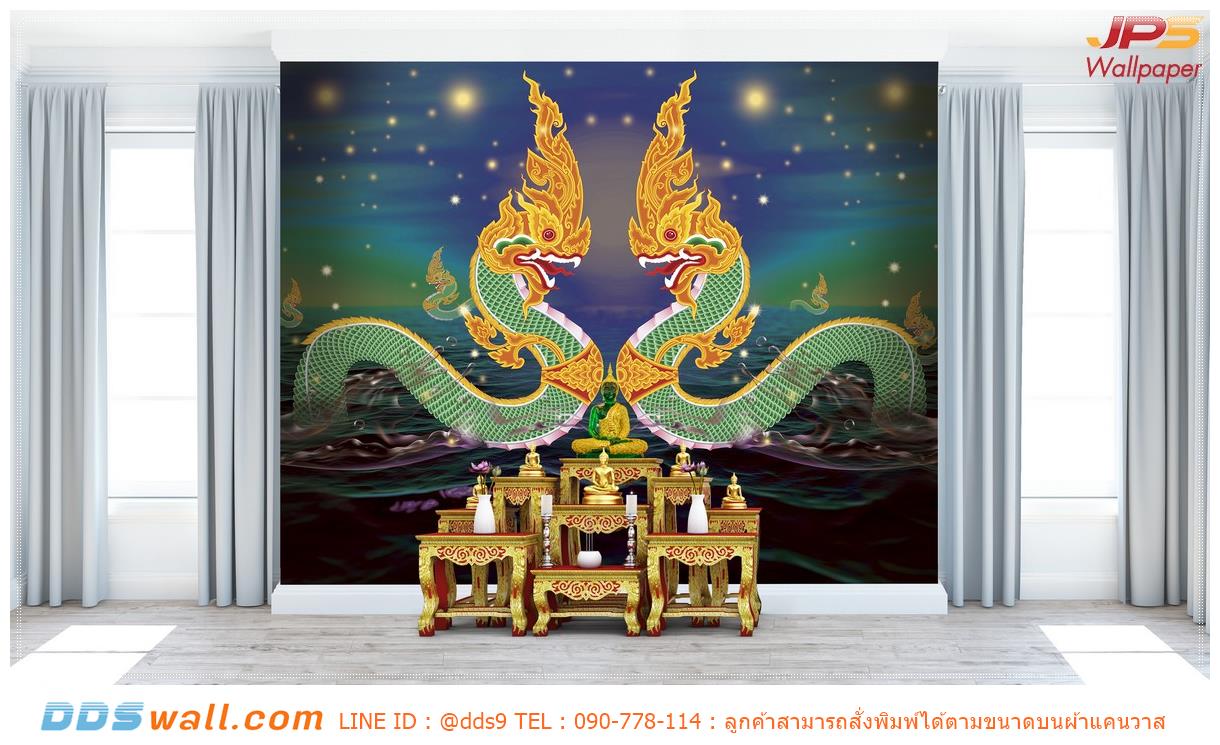 วอลเปเปอร์ฉากหลังห้องพระสวยๆ ลายพญานาคคู่อยู่ในน้ำตอนกลางคืนพื้นหลังสีน้ำเงิน โดดเด่น มีเอกลักษณ์
