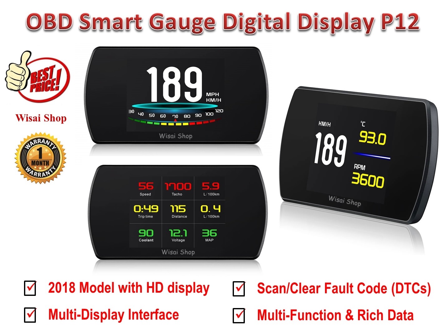 OBD สมาร์ทเกจ Smart Gauge Digital Meter/Display รุ่น P12
