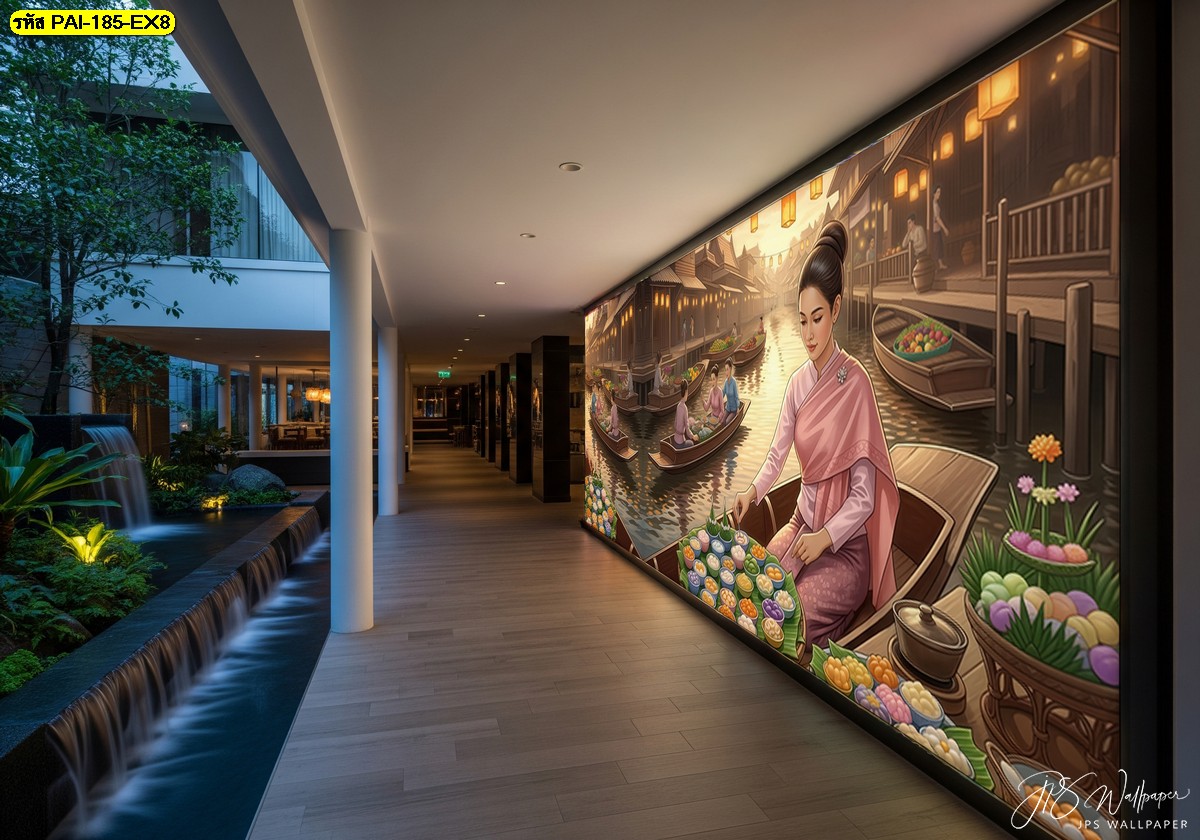วอลเปเปอร์ลายตลาดน้ำไทยเพิ่มความสงบให้โถงทางเดินด้วยแสงอุ่นและรายละเอียดขนมไทยที่จัดวางอย่างงดงาม