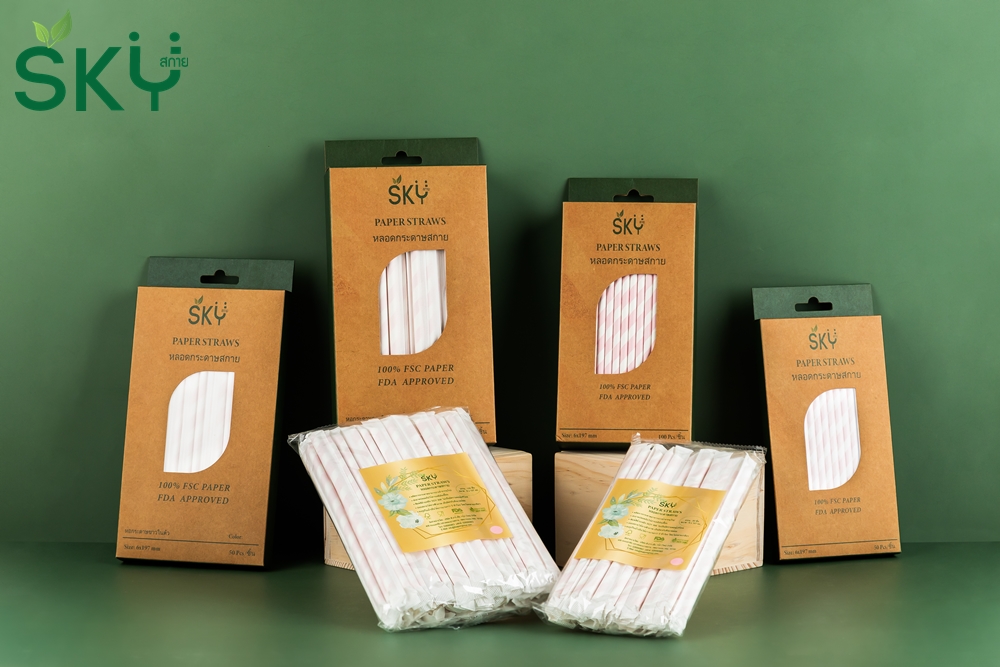 SKY [กล่อง 50ชิ้น] สีชมพูริ้วขาว หลอดเยื่อกระดาษธรรมชาติ - ห่อซองกระดาษแยกชิ้น