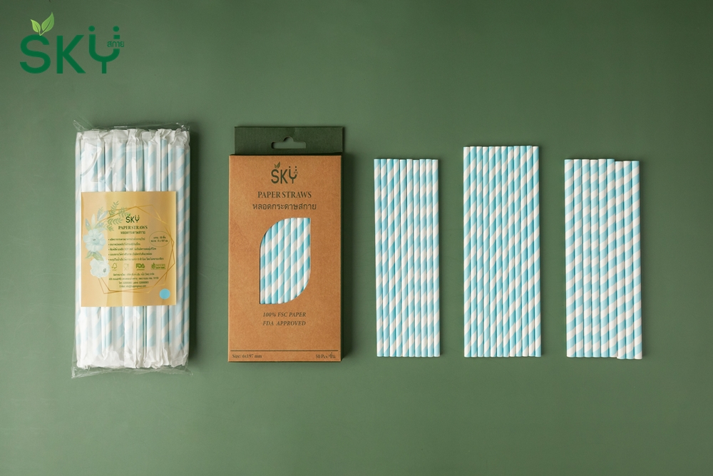 SKY [แพ็คห่อพลาสติก 100ชิ้น] สีฟ้าริ้วขาว หลอดเยื่อกระดาษธรรมชาติ - ห่อซองกระดาษแยกชิ้น