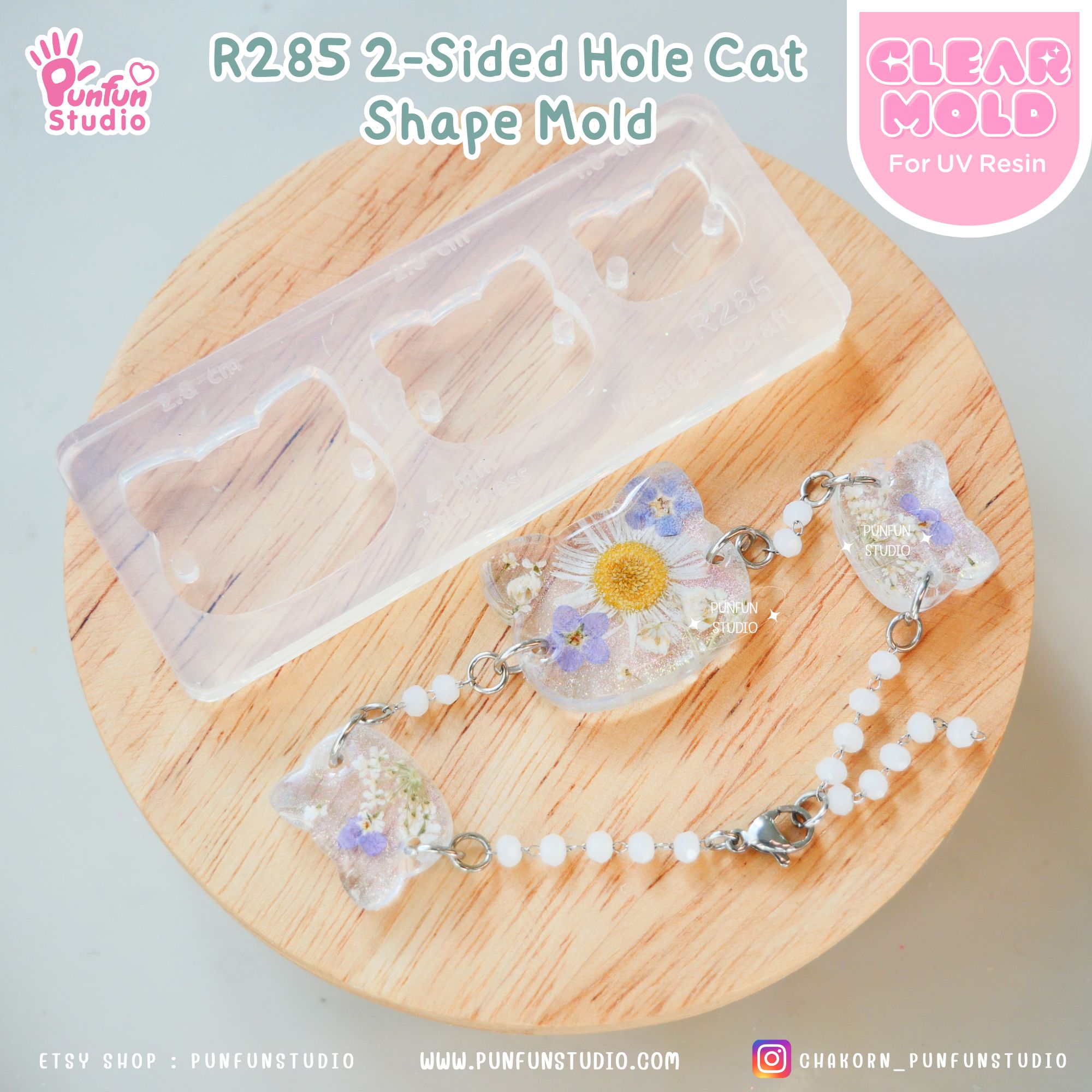 R285 2-Sided Hole Cat Shape Mold/ 3 in 1 / Size 2.8, 2.3, 1.8 cm / UV Clear