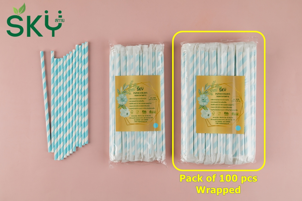 SKY [แพ็คห่อพลาสติก 100ชิ้น] สีฟ้าริ้วขาว หลอดเยื่อกระดาษธรรมชาติ - ห่อซองกระดาษแยกชิ้น