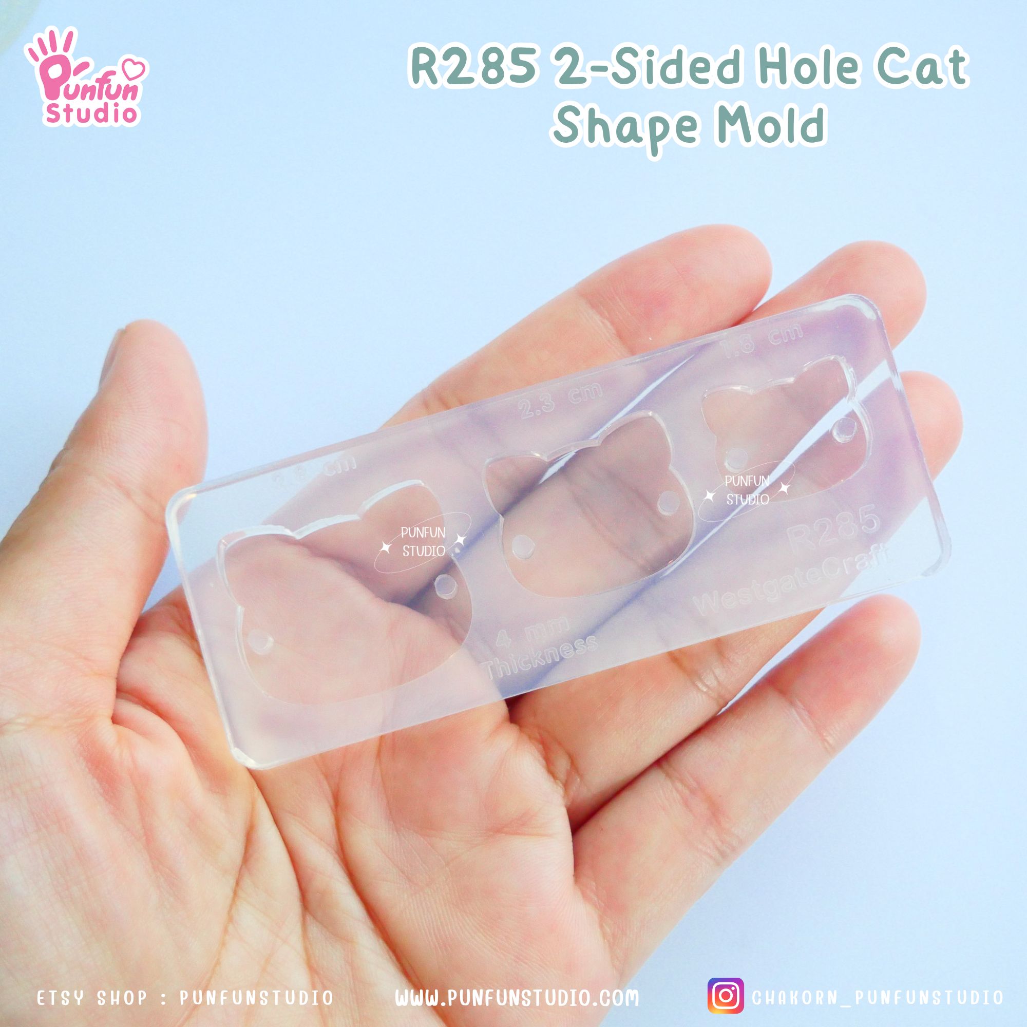 R285 2-Sided Hole Cat Shape Mold/ 3 in 1 / Size 2.8, 2.3, 1.8 cm / UV Clear