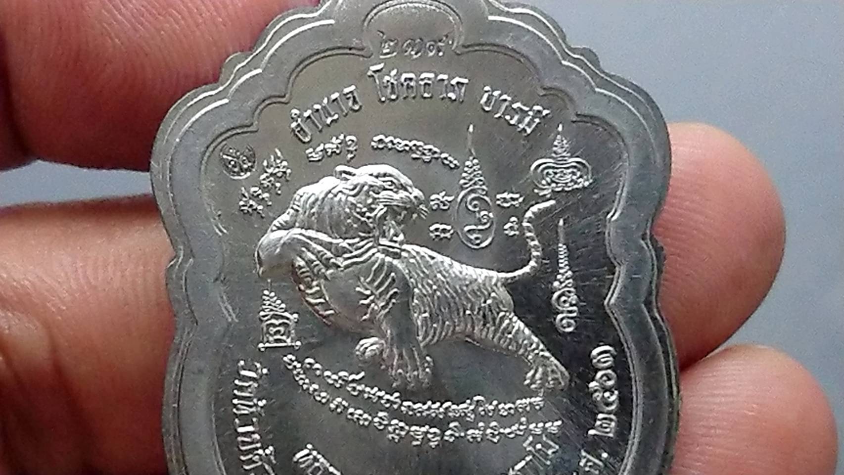 เหรียญเสมาเสือคาบดาบ รุ่น2 ตะกั่วหน้าทองทิพย์ ตอก 9 รอบ ไม่ตัดปีก หลวงพ่อพัฒน์ วัดห้วยด้วน โคท 239