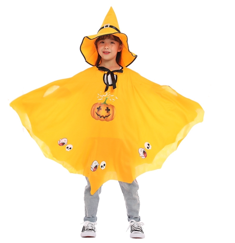7C109 ชุดเด็ก ชุดฮาโลวีน ชุดแม่มด ผ้าคลุมและหมวก สีส้มลายฟักทอง Orange Pumpkin The Witch Halloween