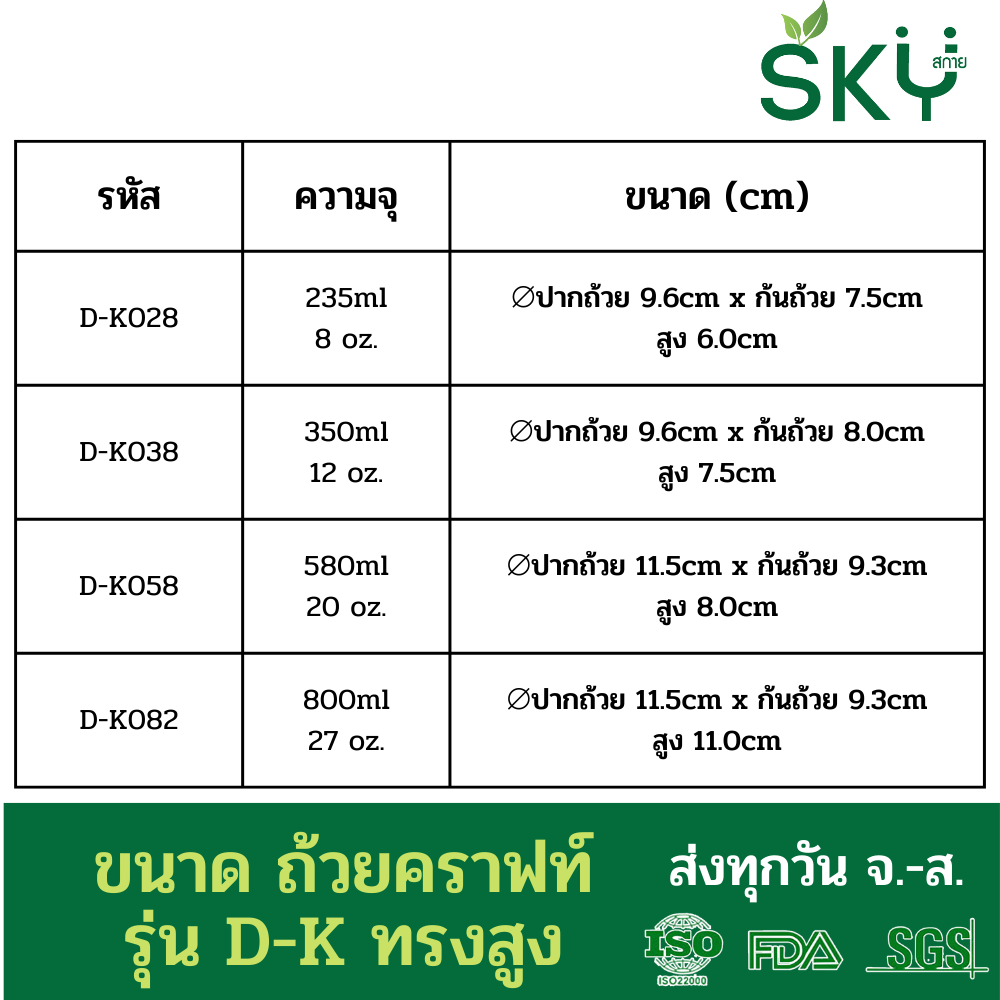 SKY [ยกลัง 200ชุด] รุ่น D-K ถ้วยซุปกระดาษคราฟท์กลม พร้อมฝากระดาษหรือฝาPP ขนาด 280ml / 380ml / 580ml / 820ml