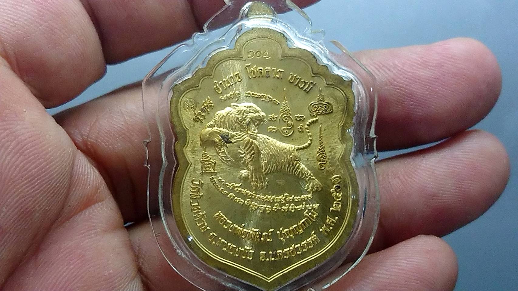 เหรียญเสมาเสือคาบดาบ รุ่น2 เนื้อทองทิพย์ ลงยาราชาวดี จีวรส้ม หลวงพ่อพัฒน์ วัดห้วยด้วน โคท 103