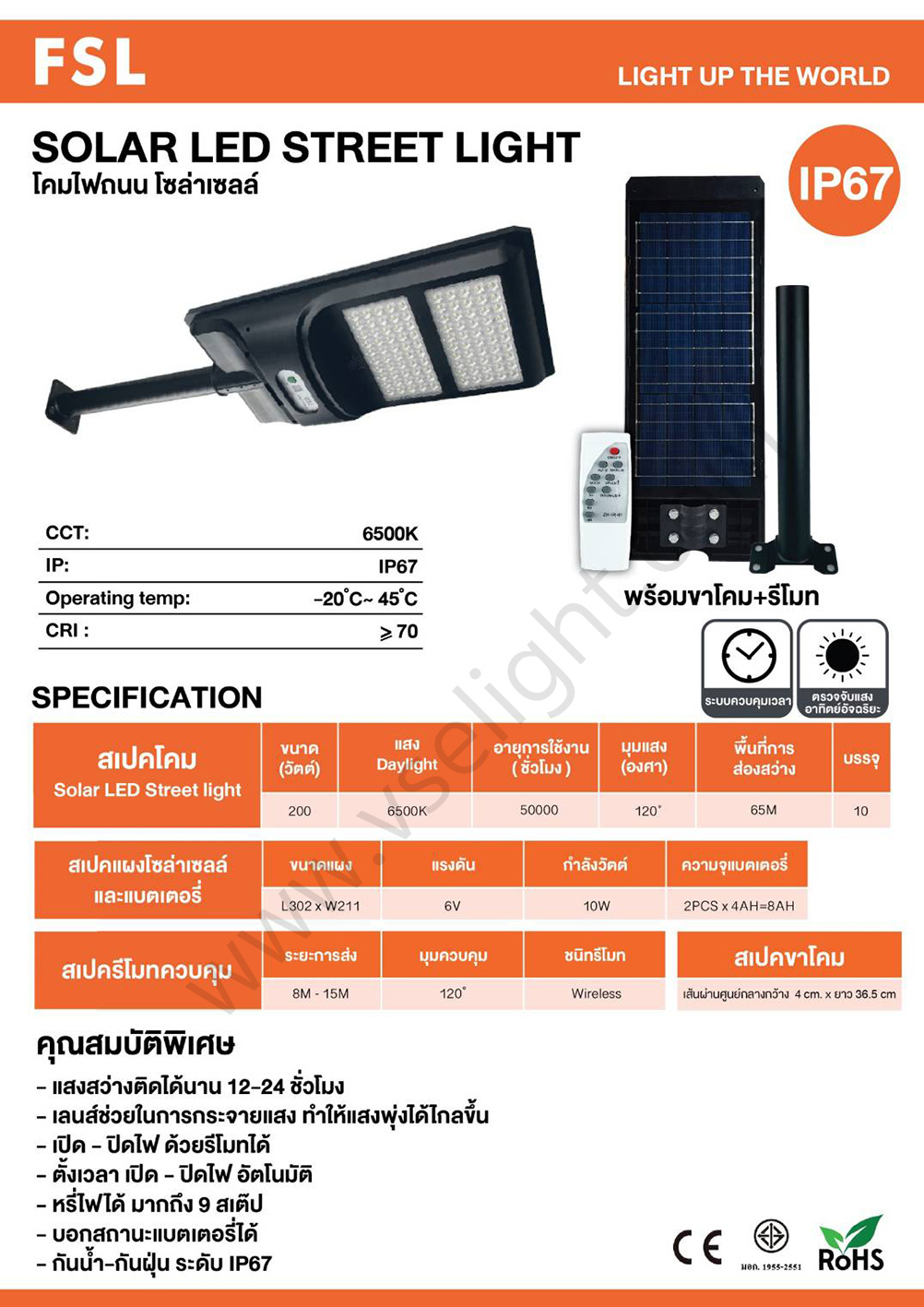โคมถนนโซลาร์เซลล์ LED Solar Street Light FSL 100w 200w 300w 400w แสงขาว 6500K