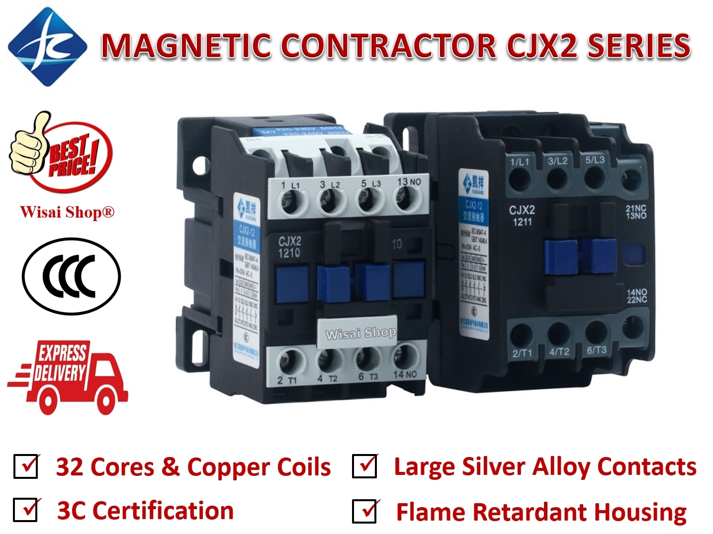 AC220V/380V แมกเนติก Magnetic Contactor 9A / 12A / 18A / 25A / 32A / 50A / 65A / 95A รุ่น CJX2-0910 / CJX2-1210 / CJX2-1810 / CJX2-2510 / CJX2-3210 / CJX2-5011 / CJX2-6511 / CJX2-9511