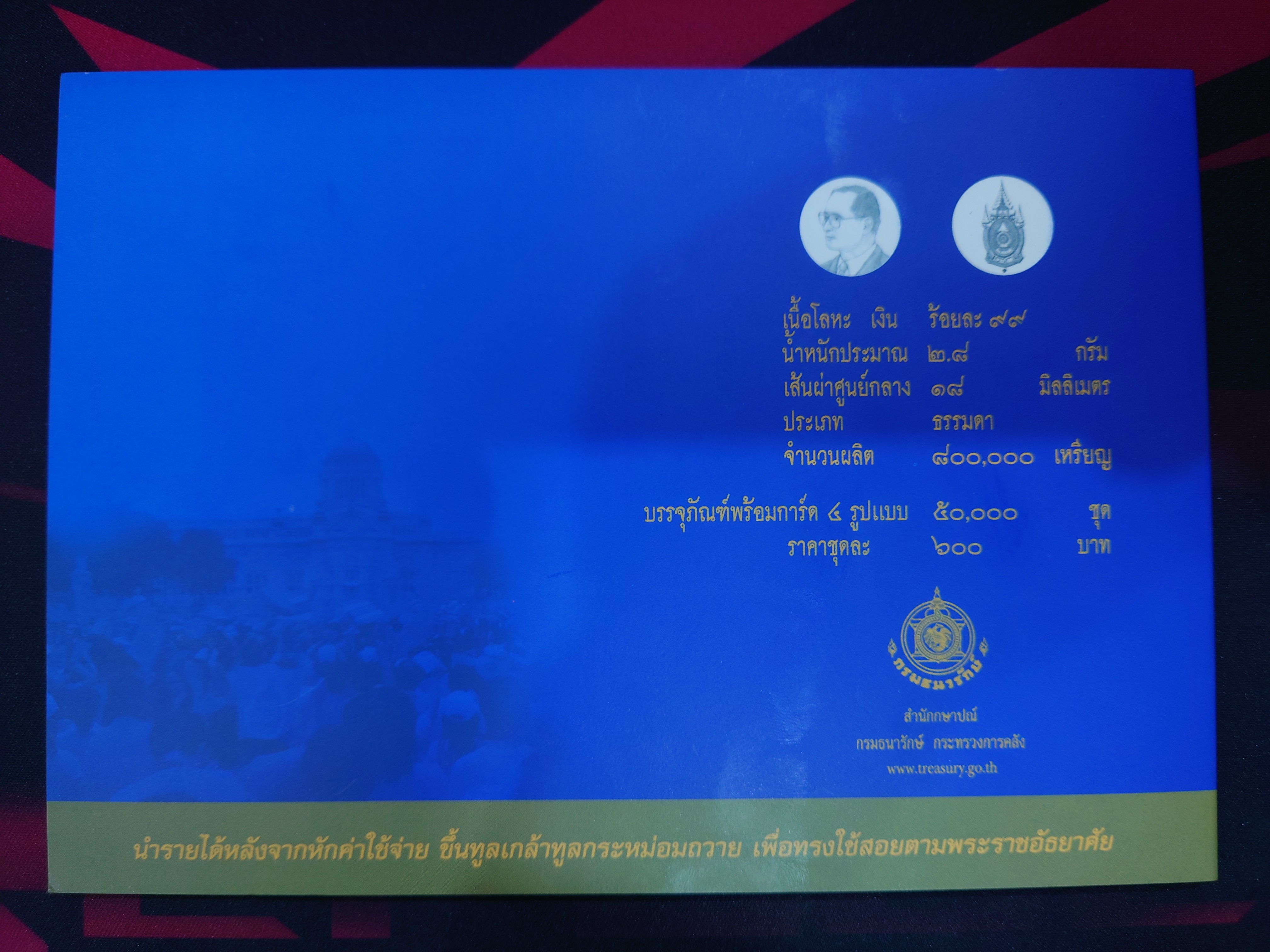 การ์ดบรรจุเหรียญที่ระลึก พระราชพิธีมหามงคลเฉลิมพระชนมพรรษา 80 พรรษา รัชกาลที่9 เนื้อเงิน ชุด 4 เหรียญ ปี2550 ธนารักษ์จัดสร้าง พร้อมแผง