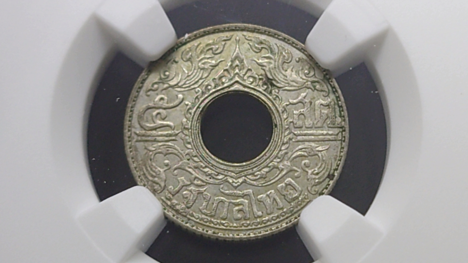 เหรียญเกรด เหรียญเงิน สตางค์รู 5 สตางค์ ลายกนกแข้งสิงห์ ไม่ผ่านใช้ เกรด MS65 NGC 2484