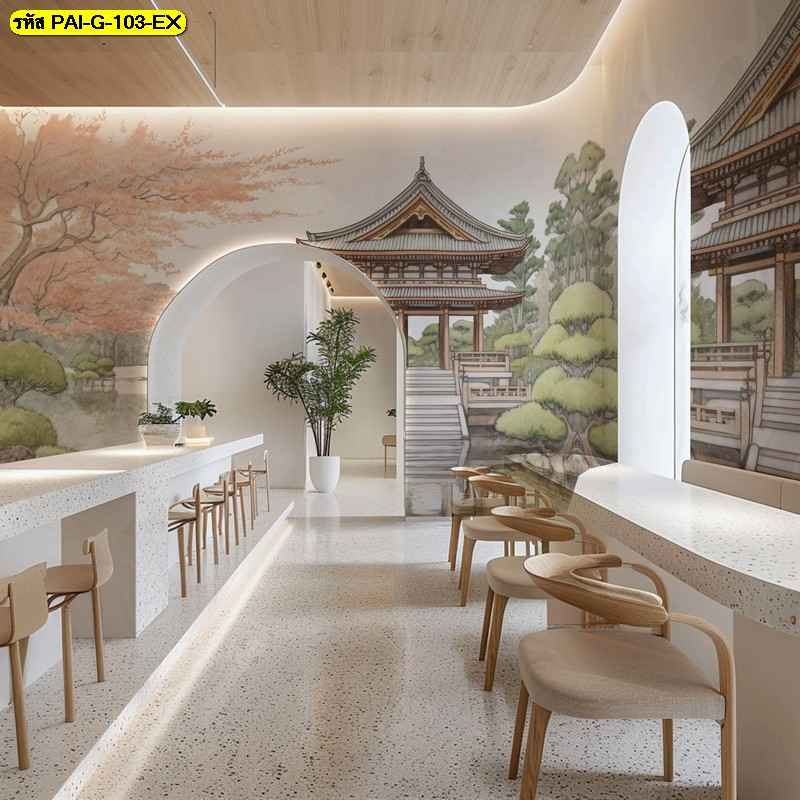 วอลเปเปอร์สั่งผลิต ภาพวัดโบราณในสวน ออกแบบ สร้างความรู้สึกยิ่งใหญ่และสงบเงียบให้แก่พื้นที่ รับติดตั้ง โดย ช่างติดวอลเปเปอร์