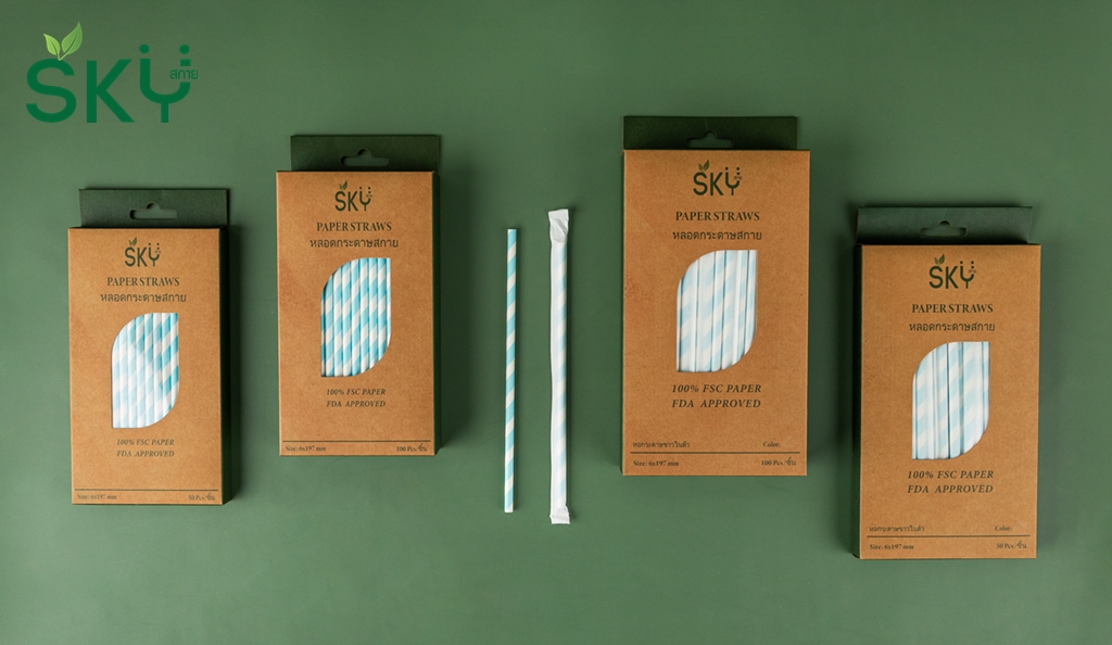 SKY [กล่อง 100ชิ้น] สีฟ้าริ้วขาว หลอดเยื่อกระดาษธรรมชาติ - ชนิดไม่ห่อกระดาษแยกชิ้น