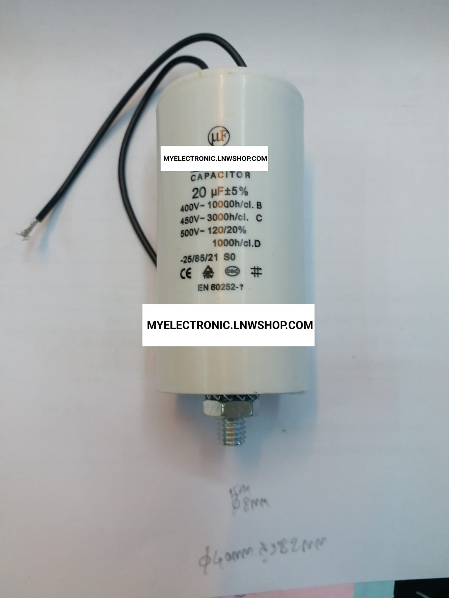 ขาย 20UF450Vก้นน็อตมีสายไฟ CAPACITOR CAP-RUN คาปาซิเตอร์ แคปรัน , 20UF400V 20UF500V ก้นน็อต มีสายไฟ 20MFD 400V 450V 500V ก้นน็อตมีสายไฟ 20MFD450Vก้นน็อตมีสาย , 20MFD400Vก้นน็อตมีสาย 20MFD500Vก้นน็อตมีสาย ขนาด เส้นผ่านศูนย์กลาง อ้วน 40มม.สูง82มม. 40×82MM. 