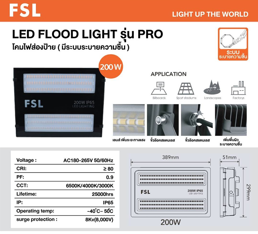 โคม Floodlight LED 50W 100W 150W 200W FSL รุ่น Pro