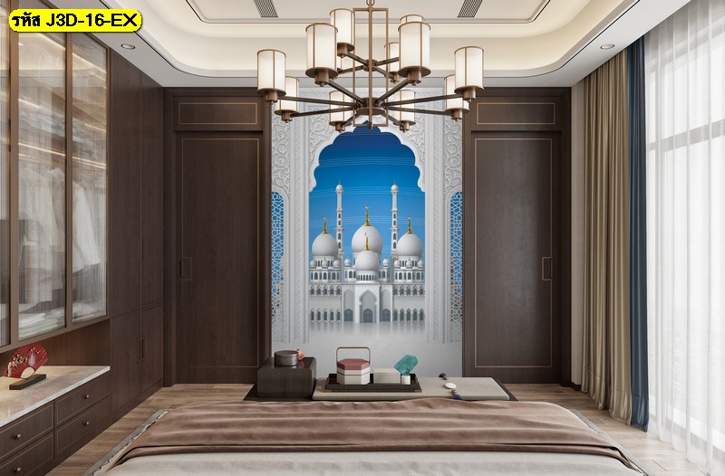 วอลเปเปอร์ภาพพิมพ์ลายสไตล์อาคารศิลป์ สั่งผลิตตามขนาด ช่วยเน้นผนังหลังเตียงให้โดดเด่นอย่างมีเอกลักษณ์