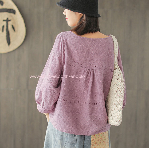 เสื้อลูกไม้ผ้าฝ้ายลินิน สีขาว เสื้อผ้าแฟชั่นผู้หญิง