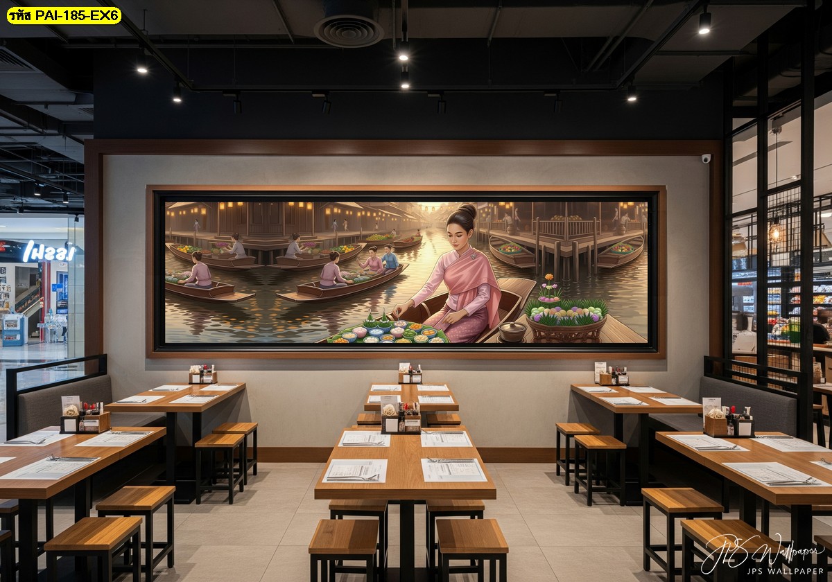 วอลเปเปอร์ภาพแม่ค้าขนมไทยในตลาดน้ำ สร้างจุดโฟกัสสวยงามให้โซนรับประทานอาหารในห้างดูโดดเด่นและมีชีวิต