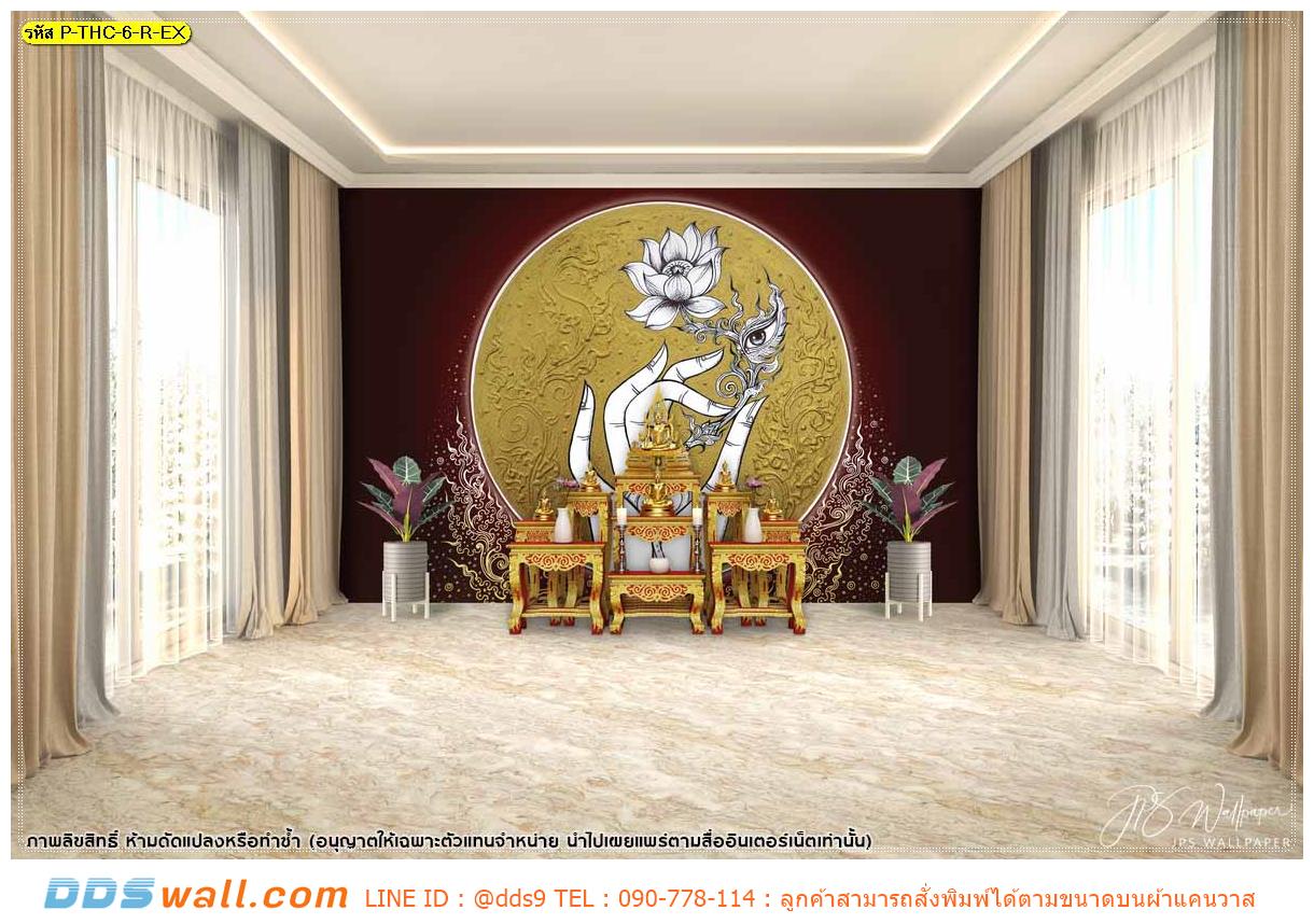 วอลเปเปอร์ฉากหลังห้องพระสวยๆ ลายมือถือดอกบัวในวงพระจันทร์พื้นหลังสีแดง ศิลปะไทยอันวิจิตร ทรงเสน่ห์